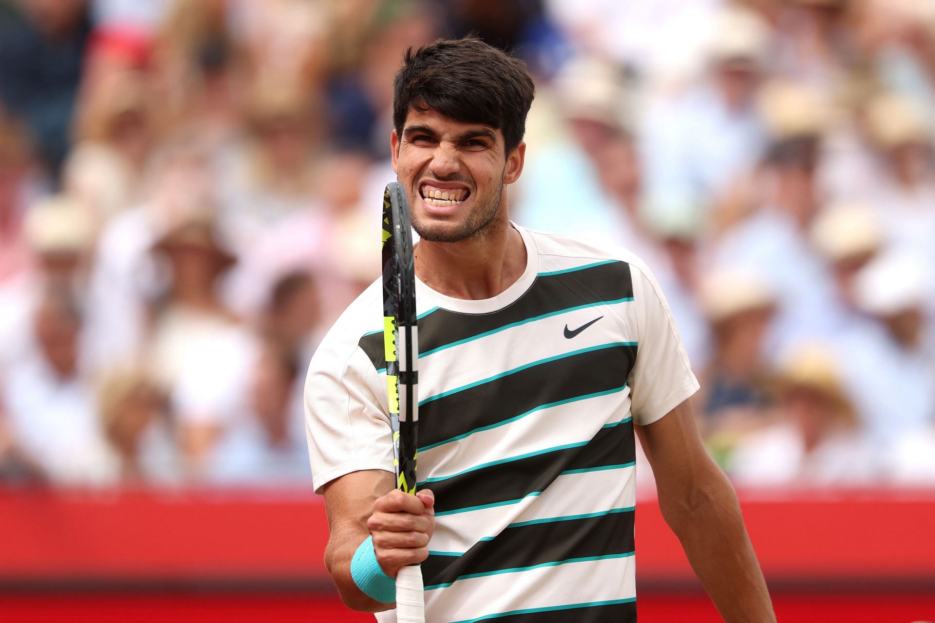 Carlos Alcaraz celebrates winning a point against Jiri Lehecka during the men's singles final of the 2025 HSBC Championships at The Queen's Club in London (Source: Getty)